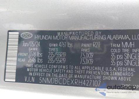 2024 Hyundai Tucson Sel from USA, damaged, VIN 5NMJBCDEXRH427107